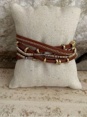 Stella and Dot Brown Leather Wrap Bracelet with Gold & Silver Accents